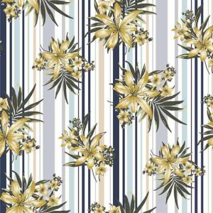 Navy Mustard Floral with Stripes Pattern Printed on Hi-Multi Chiffon Washed Fabric