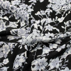Black Off White Small Floral Pattern Printed on Rayon Crepon Fabric by the Yard