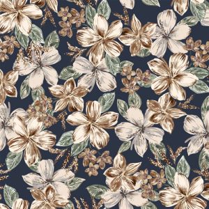 Parisian Navy with Caramel Large Flowers Printed Poly Moroccan Fabric 