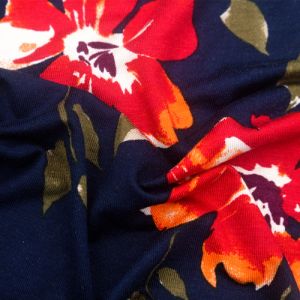 Navy with Fiery Red Medium Floral Pattern Prints on Jersey Knit Fabric by the Yard