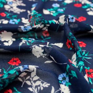 Tropical Flowers Luxury Polyester Chiffion Fabric Navy Blue 