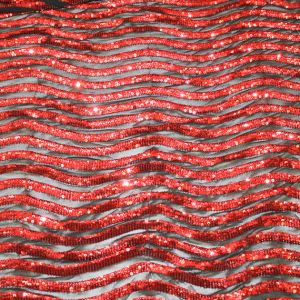Red Wave Curve Sequin on Black Mesh Fabric