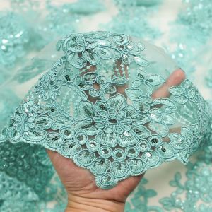 Seafoam 51''  Adrianna Embroidered Flower with Sequins Scalloped Edge Lace Fabric