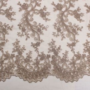 Toffee 51" Czarina Embroidered Flower with Sequins Scalloped Edge on a Mesh Lace Fabric