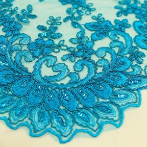 Turquoise 51" Czarina Embroidered Flower with Sequins Scalloped Edge on a Mesh Lace Fabric