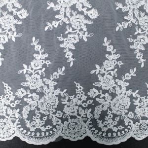 White Bridal Amy Floral Embroidery Scalloped Edge with Sequins on A Mesh Wedding Lace Fabric